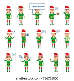 Set of female Christmas elf characters showing different actions. Cheerful elf girl sleeping, dazed, singing, dancing and showing other actions. Flat style vector illustration