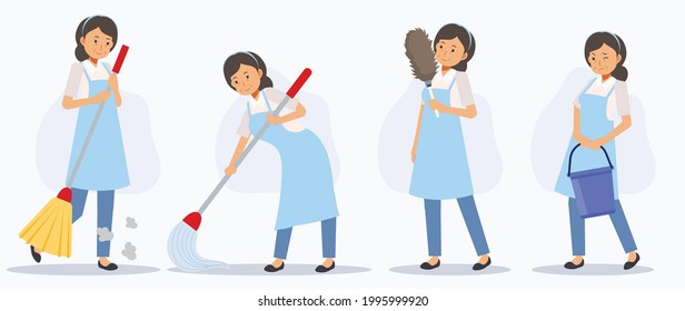 Set of female cleaner in various action,sweeping,mopping,dusting. Flat vector cartoon character illustration.