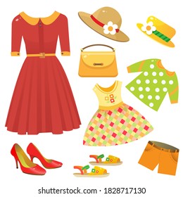 Set Of Female Clothing. Red Dress, Women Shoes On Heel, Children's Clothes, Summer Sandals, Hat, Handbag. Vector Illustration For Kids. 