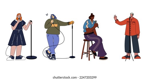 Set of female comedians characters. The woman perform at a stand-up show.