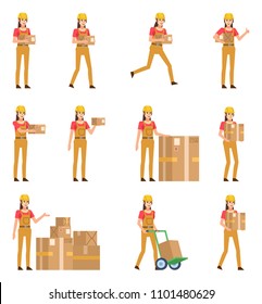 Set of female construction worker characters posing with various parcel boxes. Woman worker holding package, running, walking and showing other actions. Flat design vector illustration