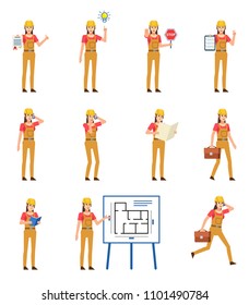 Set of female construction worker characters showing various actions. Woman worker pointing to idea, reading book, talking on phone and showing other actions. Flat design vector illustration