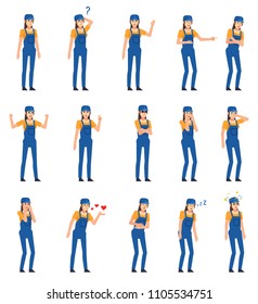 Set of female construction worker characters showing various emotions. Female worker laughing, angry, tired, thinking and showing other emotions. Flat design vector illustration