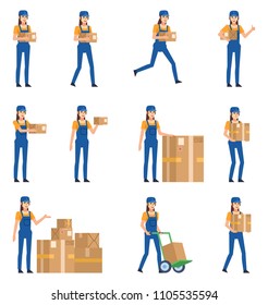 Set of female construction worker characters posing with various parcel boxes. Female worker holding package, running, walking and showing other actions. Flat design vector illustration