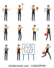 Set Of Female Construction Worker In Dark Overalls Showing Various Actions. Female Worker Having Idea, Reading Book, Talking On Phone And Showing Other Actions. Flat Design Vector Illustration