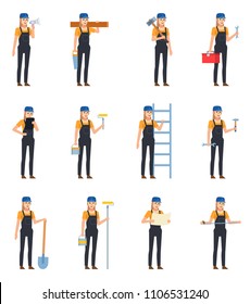 Set of female construction worker in dark overalls showing various actions. Female worker standing with ladder, shovel, wrench, reading plan and showing other actions. Flat design vector illustration