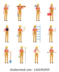 Set of female construction workers showing various actions. Woman worker standing with ladder, shovel, wrench, reading plan and showing other actions. Flat design vector illustration