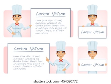 Set of female cook characters posing with different banners. Cheerful cook with poster, paper, placard. Teach, promote, advertise. Flat style vector illustration