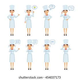 Set of female cook characters posing in different situations. Cheerful cook thinking, pointing up, laughing, crying, surprised, talking on phone. Flat style vector illustration