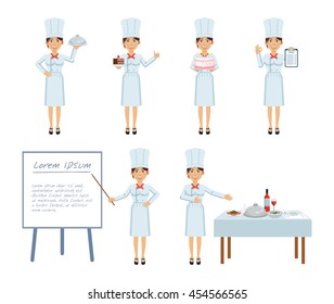 Set of female cook characters posing in different situations. Cheerful cook serving dishes, holding cake, platter, menu, pointing to whiteboard. Flat style vector illustration