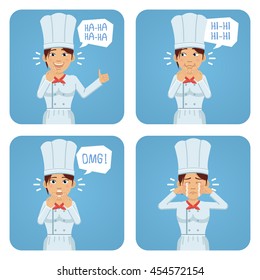 Set of female cook characters posing in different situations. Cheerful cook showing thumb up gesture, laughing, crying, surprised. Flat style vector illustration