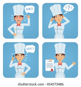 Set of female cook characters posing in different situations. Cheerful cook talking on phone, thinking, angry, surprised, holding a document, contract, paper. Flat style vector illustration