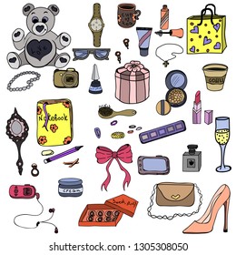 Set of female cosmetics and accessories. Each premen is drawn separately and can be moved. A set of items for a stylish girl. Vector.