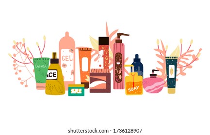 A set of female cosmetics: bottles, jars, shampoos, gels and creams for care. The concept of natural and organic cosmetics for hair and body care. Vector flat illustration in cartoon style.