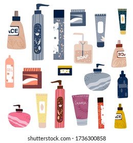 A set of female cosmetics: bottles, jars, shampoos, gels and creams for care. The concept of natural and organic cosmetics for hair and body care. Vector flat illustration in cartoon style.