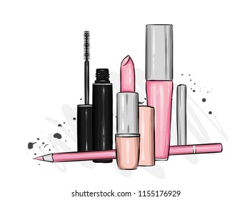 A set of female cosmetics - lipstick, lip gloss, pencil, mascara. Fashion and style, vector illustration. Cosmetics and makeup.