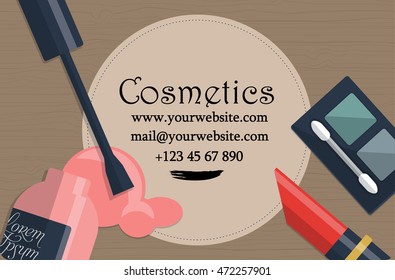 Set of female cosmetics on a table with place for your text. Vector illustration