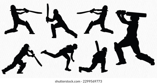 Set of female cricket players batting bowling fielding celebrating after victory  silhouette