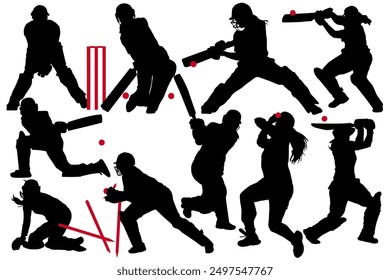 Set of female cricket players batting bowling fielding celebrating after victory silhouette. Female Cricket Player Betting and Bowling Silhouettes Vector. women's cricket.