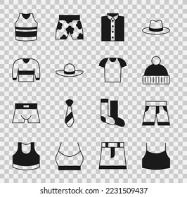 Set Female crop top, Short or pants, Beanie hat, Shirt, Elegant women, Sweater, Undershirt and T-shirt icon. Vector