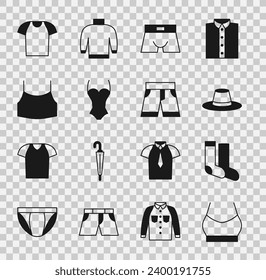 Set Female crop top, Socks, Man hat, Men underpants, Swimsuit, T-shirt and Short or icon. Vector