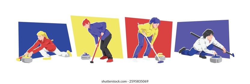 Set of female curling athlete players with different poses. Isolated on white background. Flat character vector illustration.