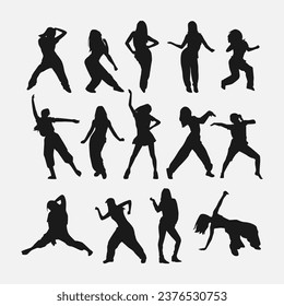 set of female dancer silhouettes. street dancers with various different styles, poses, movements. vector illustration.