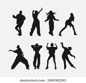 set of female dancer silhouettes. street dancers with various different styles, poses, movements. vector illustration.