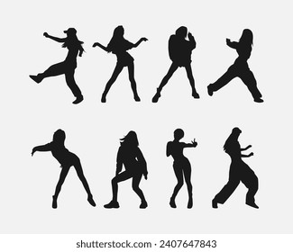 set of female dancer silhouettes. street dancers with various different styles, poses, movements. vector illustration.
