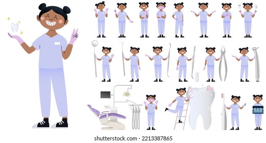 Set of female dentist with different equipment on white backgrou