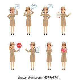 Set of female detective characters posing in different situations. Cheerful detective talking on phone, thinking, surprised, angry, holding stop sign, book, clipboard. Flat vector illustration