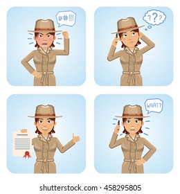 Set of female detective characters posing in different situations. Cheerful detective talking on phone, thinking, surprised, angry, holding document. Flat style vector illustration