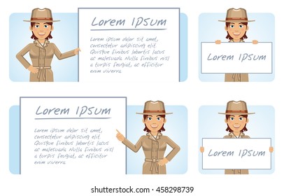 Set of female detective characters posing with different banners. Cheerful detective holding paper, poster, placard. Teach, advertise, promote. Flat vector illustration