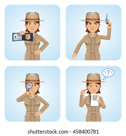 Set of female detective characters posing in different situations. Cheerful detective holding magnifying glass, gun, notepad, showing police badge. Flat style vector illustration
