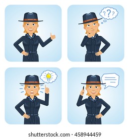 Set of female detective characters posing in different situations. Cheerful detective talking on phone, pointing up, thinking, showing thumb up gesture. Flat style vector illustration