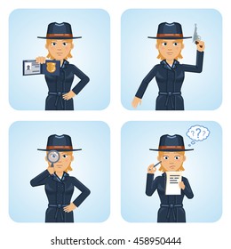 Set of female detective characters posing in different situations. Cheerful detective holding magnifying glass, gun, notepad, showing police badge. Flat style vector illustration