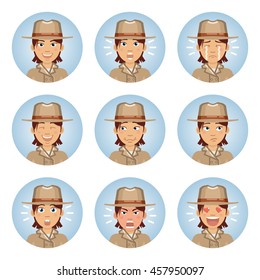 Set of female detective emoticons. Woman avatars showing different emotions. Happy, smile, sad, cry, angry, love, surprised, upset, laugh and other facial expressions. Flat style vector illustration