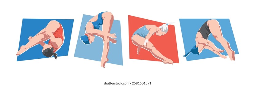 Set of female diving sport. Female athlete character doing spin in the air. Flat vector illustration.