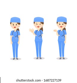 Set Female Doctor wearing Biue Costume Vector