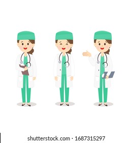 Set Female Doctor wearing Green Costume Vector