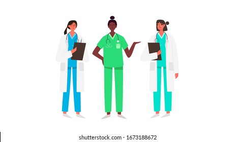 Set of female doctors characters. Medical team concept in vector illustration design. Medical staff doctor nurse therapist surgeon professional hospital workers, group of medics.