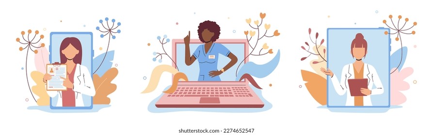 Set of female doctors giving remote medical consultations via Internet. Professional medical team. Making diagnoses and treating online remotely. Vector