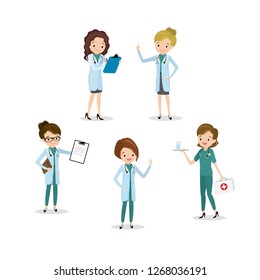 Set of female doctors and nurses,different poses,women characters isolated on white background,flat vector illustration