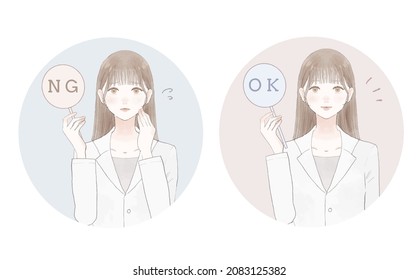 Set of female doctors with OK NG tags.