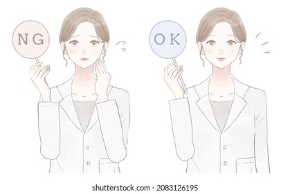 Set of female doctors with OK NG tags.