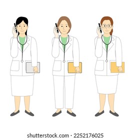 A set of female doctors, surgeons, dentists, veterinarians, white background with a cellphone