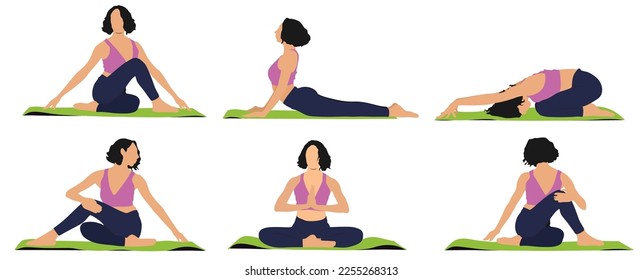 Set of female doing different yoga pose, exercise.