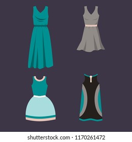 Set of female dresses on a dark background. Flat design vector