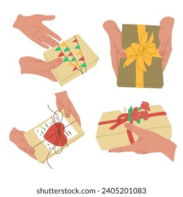 Set of female elegant hands with gifts on holiday. Four pare of hands giving gifts on holiday. Birthday, Valentines, Christmas, anniversary concept