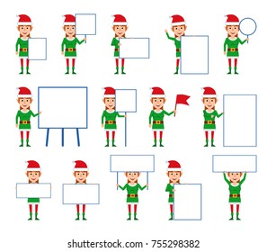 Set of female elf characters posing with various blank banners. Cheerful elf girl holding paper, signboard, placard, pointing to whiteboard. Flat style vector illustration